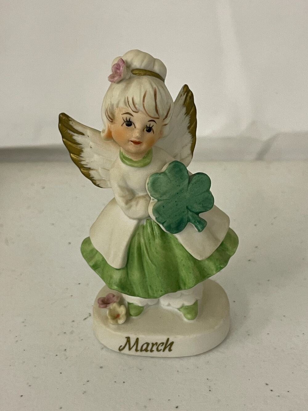 Vintage Brinn's March Birthday Angel Figurine Shamrock Clover St. Patrick’s Day